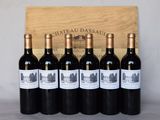 six bottles of red wine in front of a wooden box