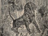 dessin représentant un lion attaquant un démon dans un décor médiéval