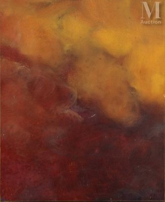 a painting of a red and yellow sky with clouds in the background