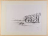 drawing of sheep in a snowy field with trees in the background