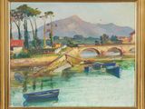 an oil painting of boats on a river with a bridge in the background