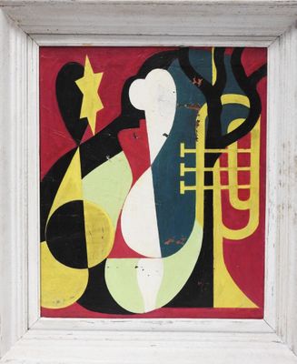 tableau représentant une femme tenant une trompette et une étoile, dans un cadre blanc
