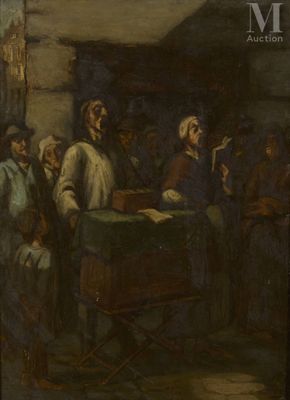 une image représentant un tableau où l'on voit un groupe de personnes debout autour d'une table