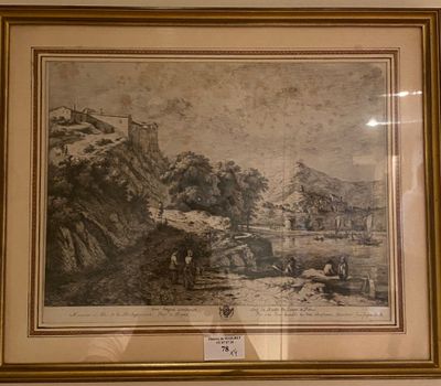 framed picture of a landscape with a castle in the background