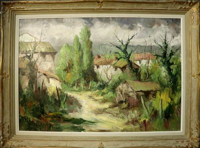une peinture à l'huile représentant un village avec un chemin de terre au premier plan
