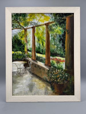 une peinture à l'huile représentant une terrasse avec une table et des chaises
