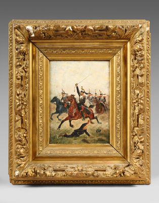 a painting of a painting of a man on a horse chasing a dog