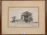 un dessin en noir et blanc représentant une ferme avec des arbres au premier plan