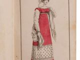 an open book with a drawing of a woman in a red dress