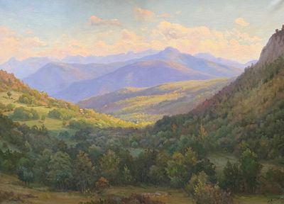 une peinture à l'huile représentant une vallée avec des montagnes en arrière-plan
