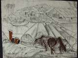 dessin représentant un homme et deux vaches dans un champ, avec un bâtiment en arrière-plan