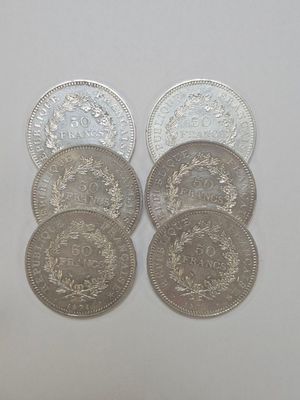 6 pièces de 50 francs Hercule en argent 180 gr.