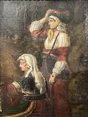 un vieux tableau représentant deux femmes en costume traditionnel dans un décor boisé