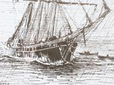 a drawing of a boat in the water with people on it
