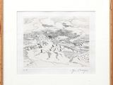 drawing of a landscape with a mountain range in the background