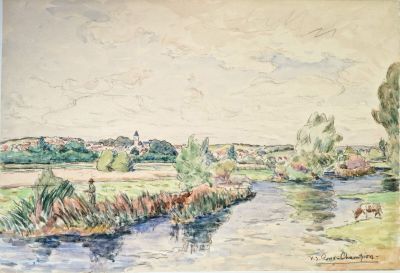 peinture représentant un paysage avec une rivière au premier plan et un village au loin