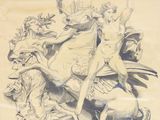 an image of a drawing of a woman on a horse with other figures