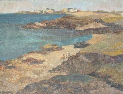 tableau représentant une vue de plage avec des rochers et de l'eau