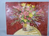 une peinture représentant un vase de fleurs sur une table