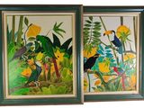 two framed paintings of birds and flowers on a white background