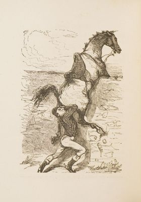 dessin représentant un homme tombant de cheval dans un champ
