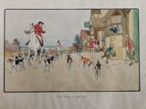 a drawing of a man riding a horse with a bunch of dogs