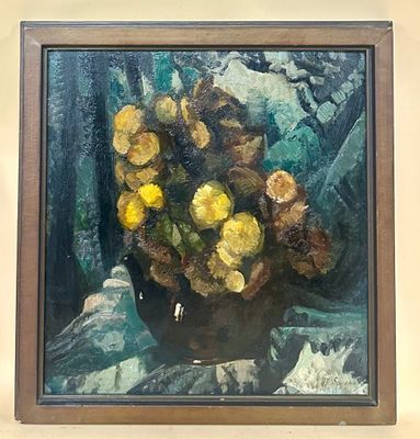 a painting of a vase with yellow flowers in it