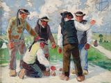 painting of a group of men playing a game of croquet on a dirt road