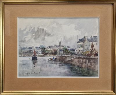 an image of a watercolor painting of a boat on a river