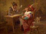 painting of two men playing cards at a table in a room