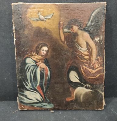 Ecole espagnole vers 1650 "L'Annonciation", huile sur toile.