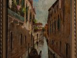 painting of a gondola going down a canal in venice