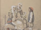 un dessin représentant une femme assise sur un banc avec deux enfants et un chien
