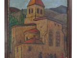 une peinture à l'huile représentant une église surmontée d'un clocher