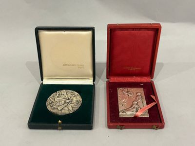 two silver medals in a red box with a red ribbon