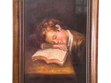 tableau représentant un jeune garçon en train de lire un livre sur une table