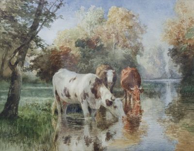 tableau représentant des vaches s'abreuvant dans un ruisseau au milieu d'un bois