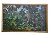 painting of a tropical scene with a birdhouse in the middle of the jungle