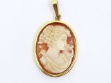 a gold and shell cameo pendant with a woman ' s profile