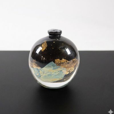 a small glass vase with a black lid on a table