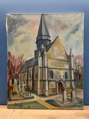 une peinture à l'huile représentant une église avec un clocher à l'avant-plan