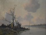 une peinture à l'huile représentant un lac avec quelques arbres au premier plan