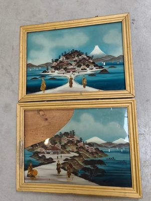 two paintings of people walking on a beach with a mountain in the background