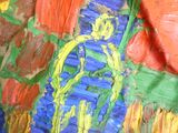 un tableau représentant un homme debout devant un mur coloré