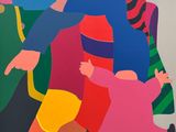 a painting of a group of people walking down the street
