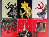 six books in a row with a picture of a man holding a gun and a hammer