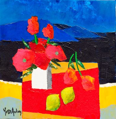 a painting of flowers in a vase on a table