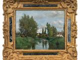 an image of a painting of a river with trees and houses in the background