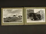 two old black and white photos of an old truck and a horse