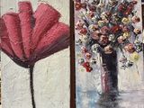 two paintings of flowers in a vase on a table